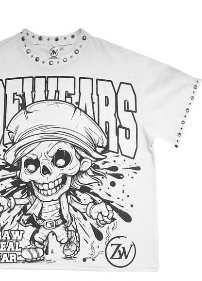 Zoe Wears Heavy Skull oversized white Tee Brass Studs