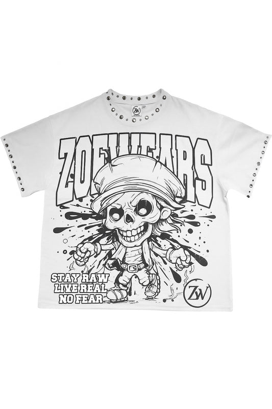 Zoe Wears Heavy Skull oversized white Tee Brass Studs