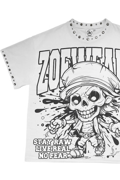 Zoe Wears Heavy Skull oversized white Tee Brass Studs
